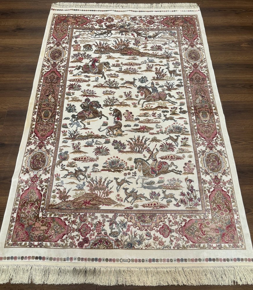 Turkish Silk Hunting Scene Rug 4x6, Ivory, Bamboo Silk, New