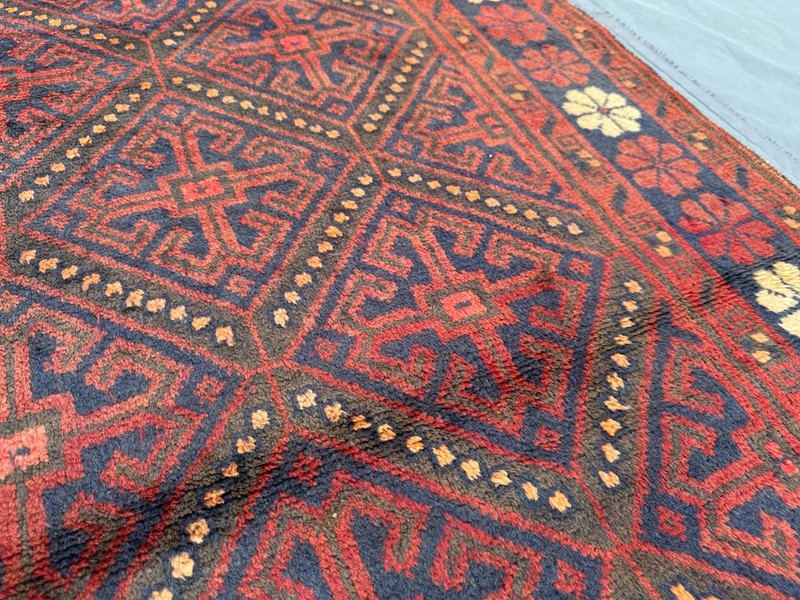Red Blue Afghan Hand Knotted Wool Rug 4'10x7'4 Vintage Geometric Floral Area Rug gallery