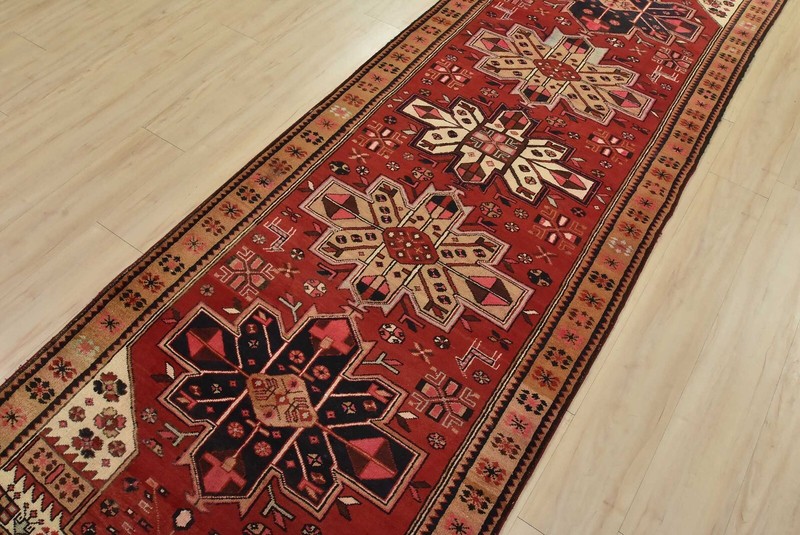 Vintage Tribal Runner 3’6” x 10’8” Red Wool Geometric Hand-Knotted Oriental Rug gallery