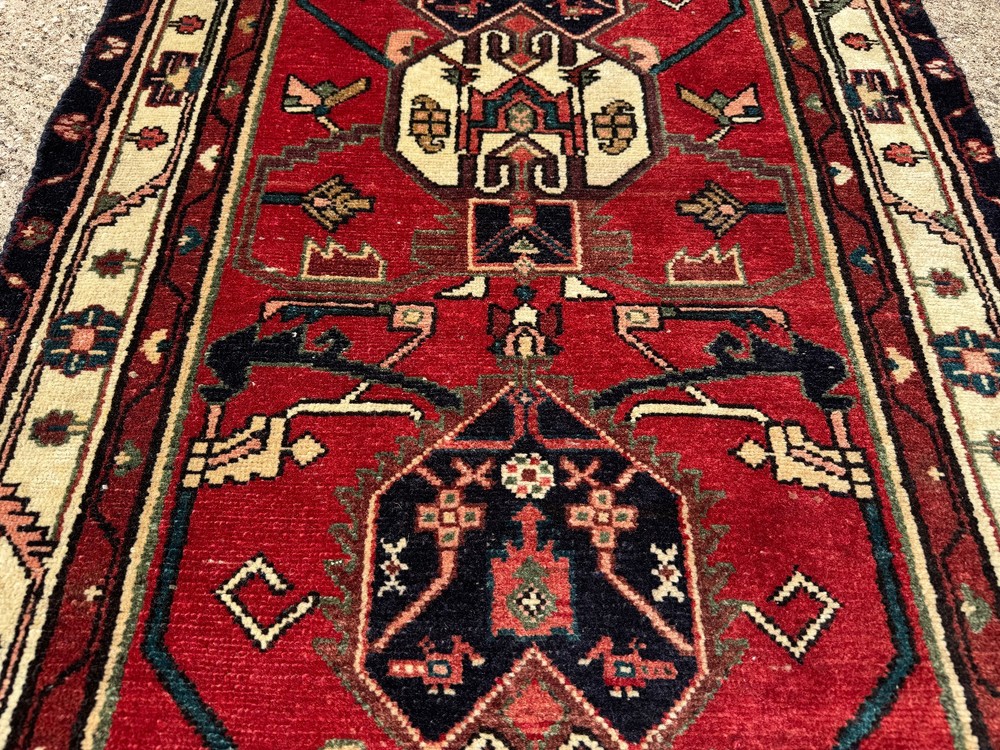 LONG VINTAGE HANDMADE RUNNER rug antique geometric heriz red blue old fine 2x13