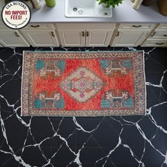 Small Vintage Turkish Oushak Rug 2×3 Hand Knotted Wool Red Teal Entryway Mat