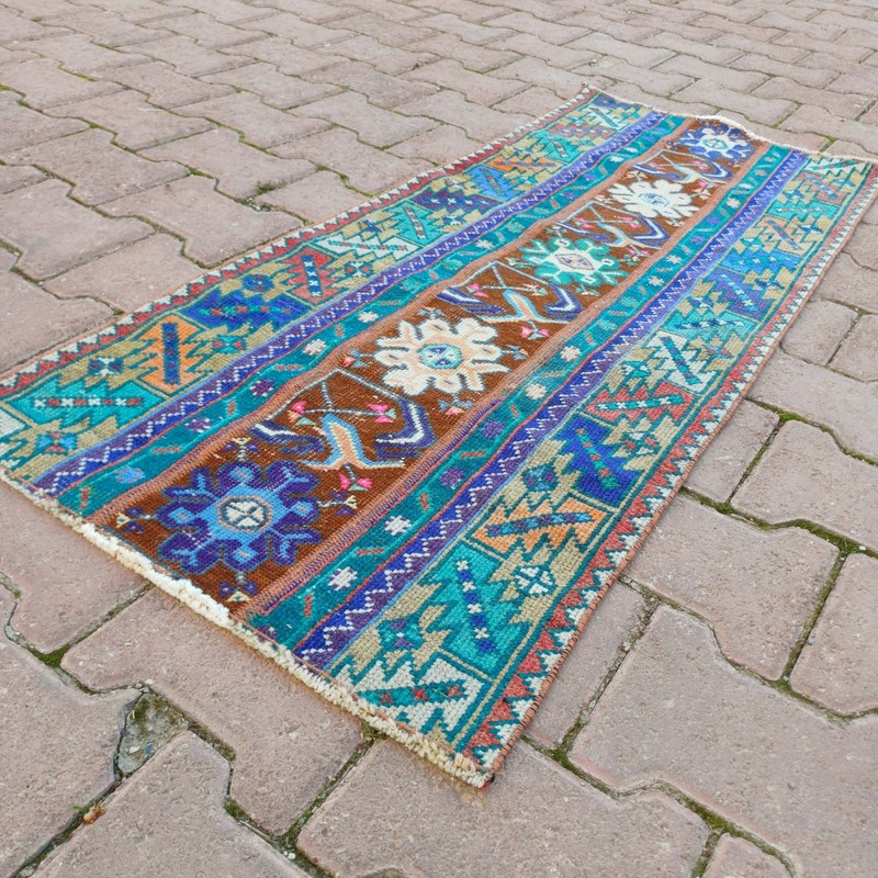 Turquoise Brown 1x4 ft Vintage Turkish Wool Accent Rug For Entryway- Tariff Free gallery