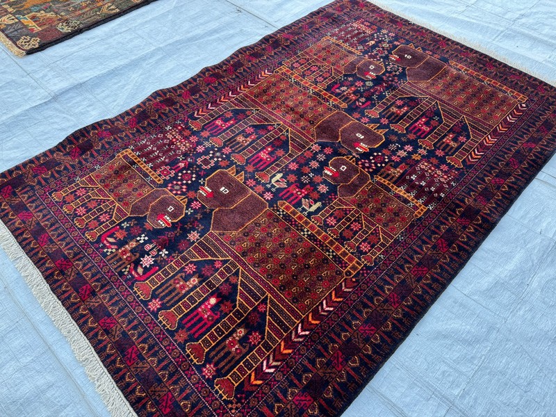 Hand Knotted Afghan Vintage Area Rug 4x6 ft Blue Baluchi Pictorial Animal Carpet gallery