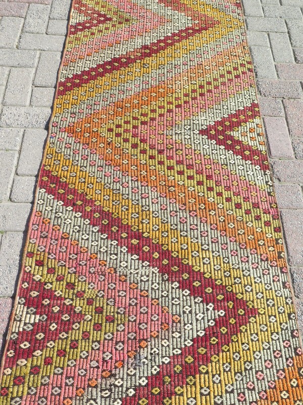 Turkish Handmade Kilim Runner Rug, Colorfull Stairs Rug, Hallway Kelim 33"X114" gallery