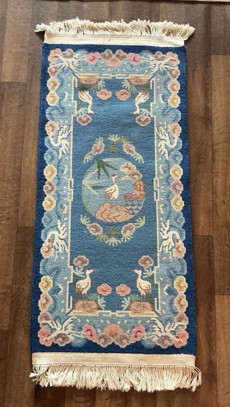 ANTIQUE CHINESE ART DECO PICTORIAL CRANE BIRD THICK BLUE WOOL RUG 5’x2’ gallery