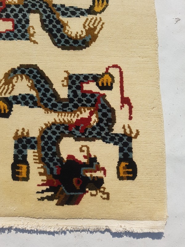 Vintage Handmade Chinese Tibetan Double Dragon Art Deco Wool Rug 89x63 cm gallery
