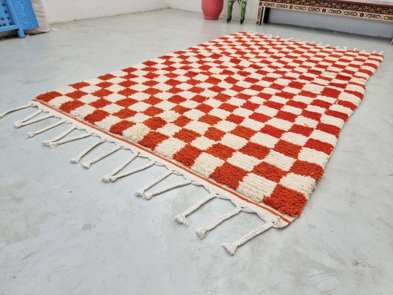 Moroccan Handmade BeniOurain Rug5'3x8'7 Berber Checkered Orange & White Wool Rug gallery