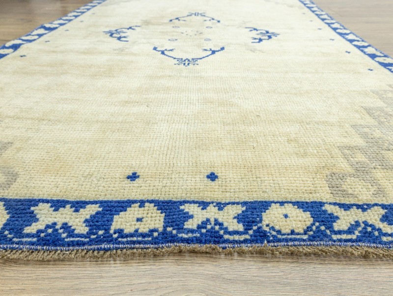 Vintage Oushak Wool Rug 3'4x5'1 ft – Handwoven Cream Blue Carpet for Entry Decor gallery