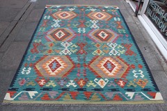 Kilim Vintage Traditional Hand Made Oriental Green Wool Large Kilim 244x164cm