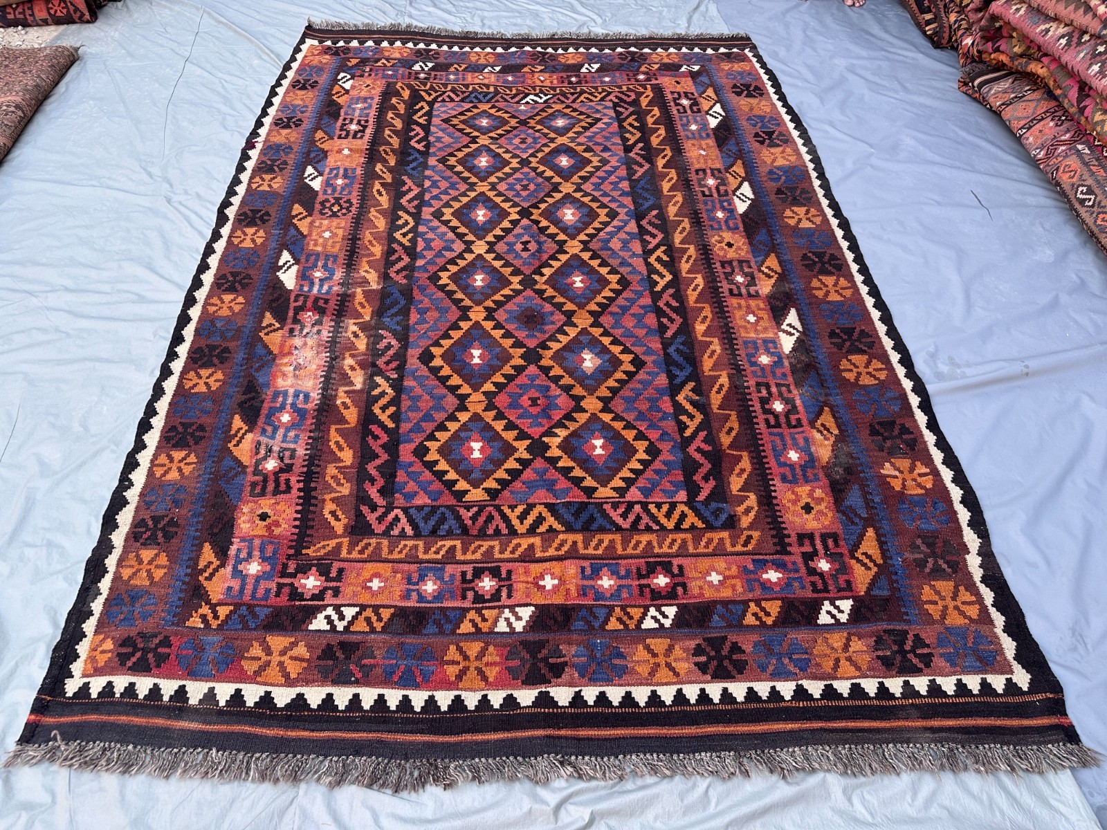 Rust Navy Faded Kilim Rug 6'5x9'9 Turkish Tribal Antique Boho Flatweave Area Rug gallery