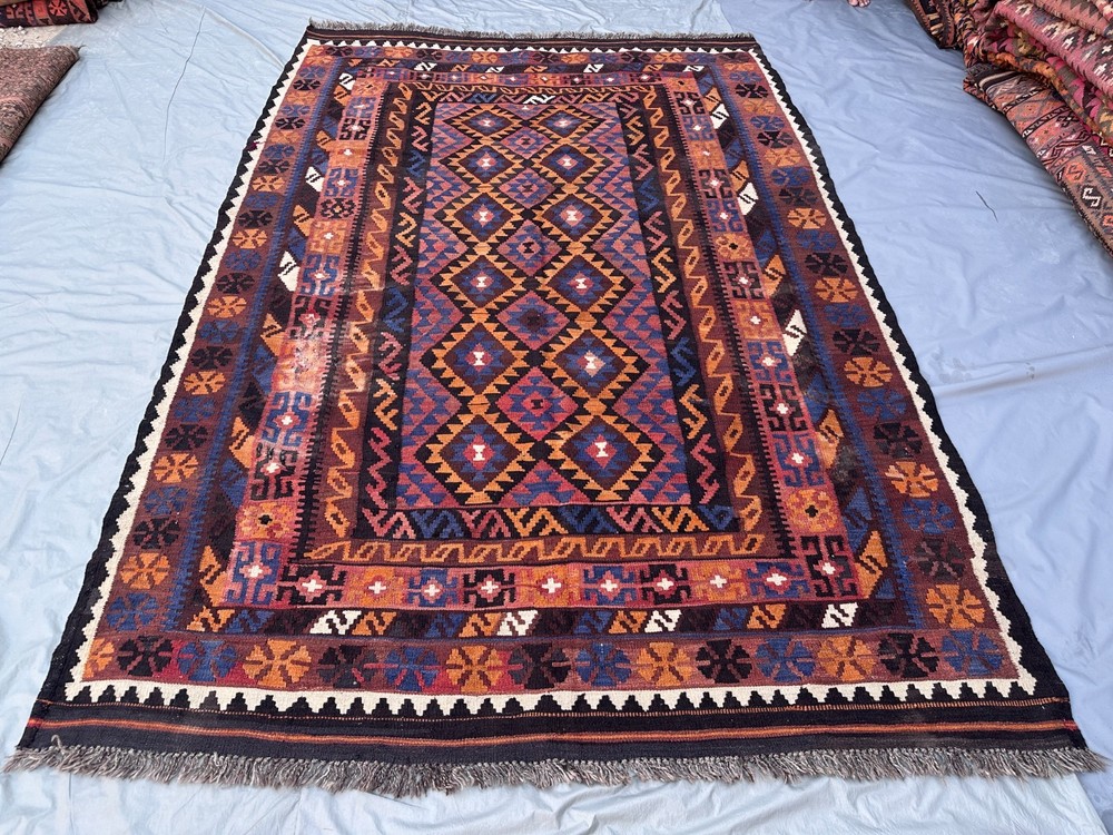 Rust Navy Faded Kilim Rug 6'5x9'9 Turkish Tribal Antique Boho Flatweave Area Rug