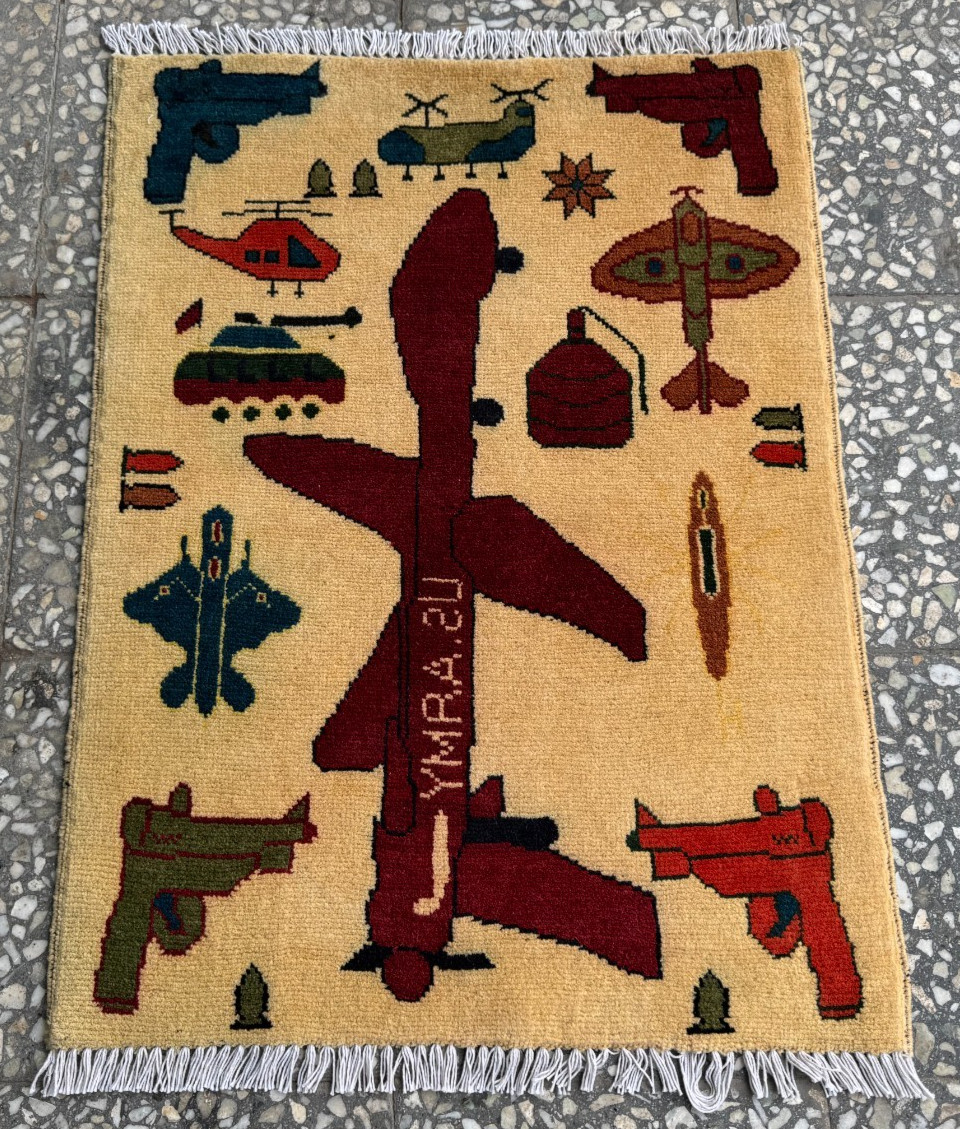 2x2.8 Afghan Hand Knotted War Rug Drone Pistols Wool Carpet New gallery