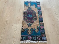 Colorful Tribal Vintage Turkish Small Rug 1.2 x 2.9 ft Handmade Wool Carpet