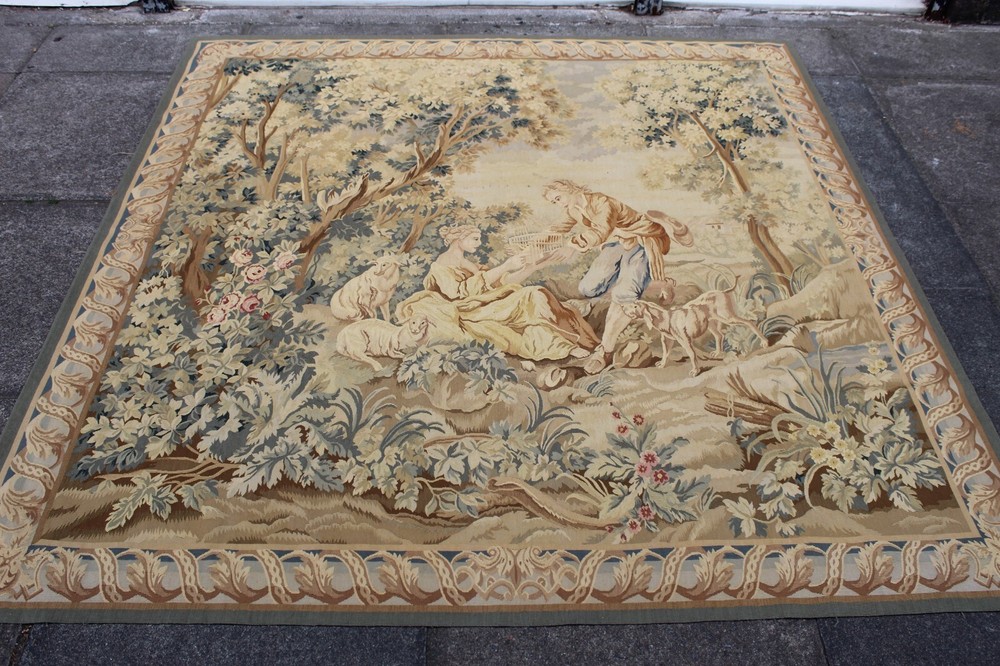 Vintage Hand Made French Design Original Wool Green Aubusson Tapestry 186x180cm