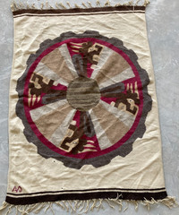 Vintage Handmade Mexico Zapotec Geometric Round Medallion Wool Rug 120X85 cm