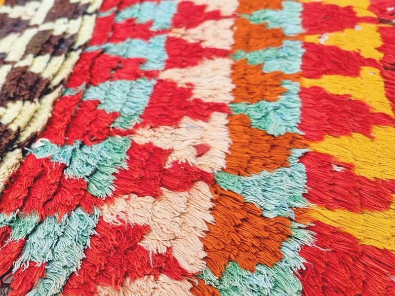 Moroccan Handmade Vintage Boucherouite Rug4'1x5'6 Berber Red & Yellow Cotton Rug gallery