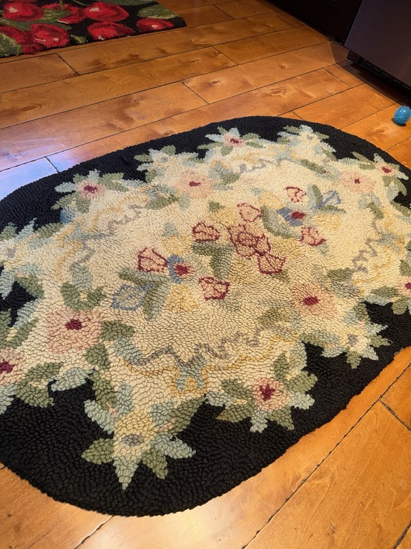 Hooked Wool Rug, Oval , Vintage Black, cream, Floral Pattern colors 33” X 53” gallery