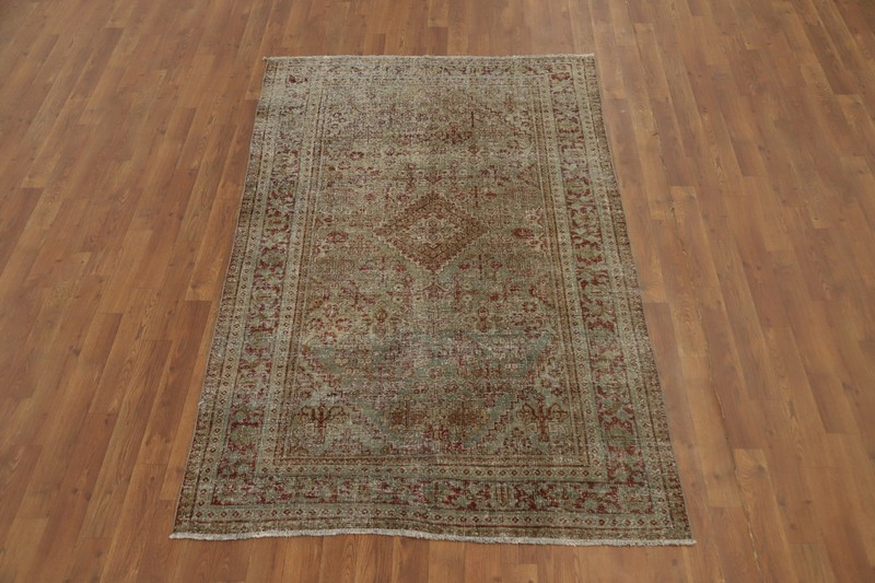 Antique Geometric Green/ Rust Wool Rug Hand-knotted Traditional Carpet 4x7 gallery