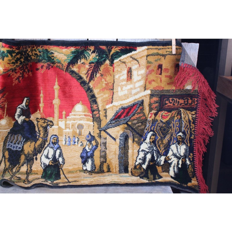 Vintage Thin Prayer Area Rug with Temple Pictured on it Camels Market Scene gallery