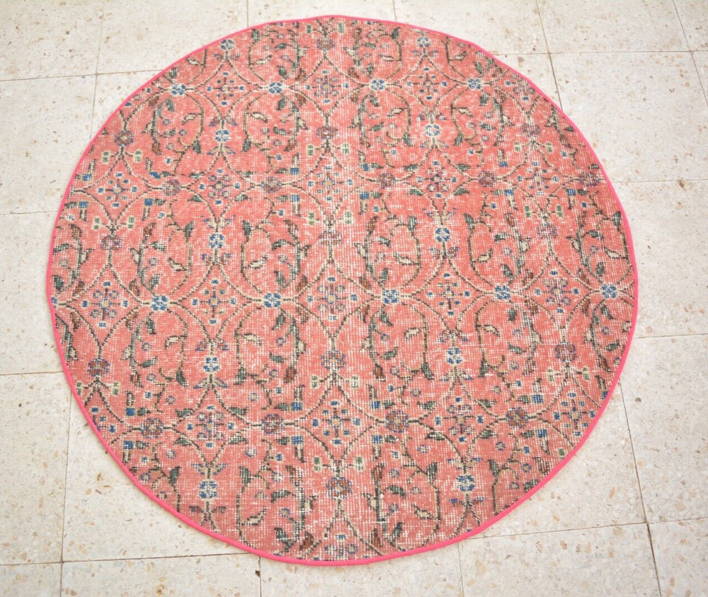 Red Handmade Round Rug, 3.4x3.4ft, Turkish Red Floral Boho Rug, Hall Door Mat,