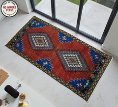 Vintage Turkish Rug Handmade BLUE Mat, Wool Door mat, Kitchen Rug, 2×3 ft aprrox