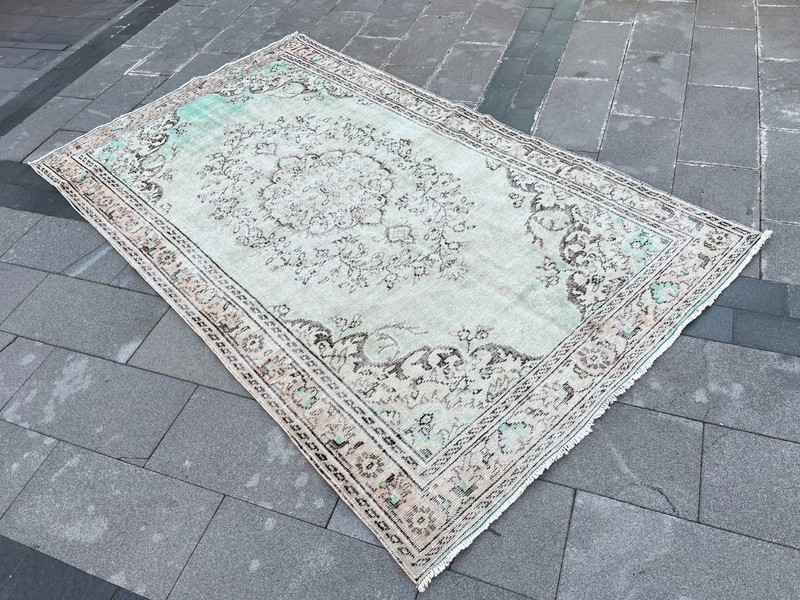 5.4x9.3 ft Vintage Turkish Oushak Rug Mint Green Medallion Hand-Knotted Wool gallery