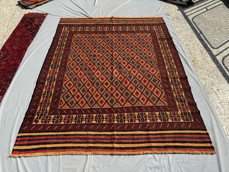 7x9 ft Afghan Handwoven Vintage Wool Kilim Rug Geometric Muted Terracotta Carpet gallery