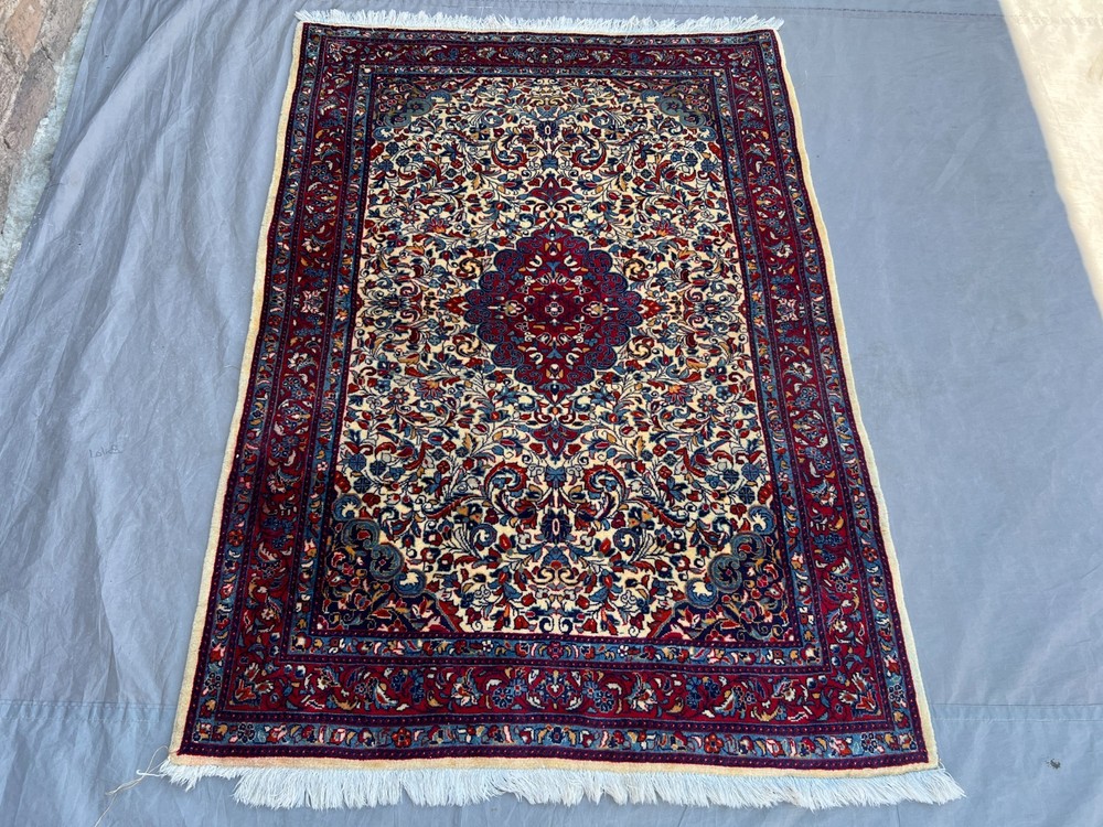 Ivory Red Caucasian Rug 3'5x4'8 Hand Knotted Wool Floral Medallion Carpet