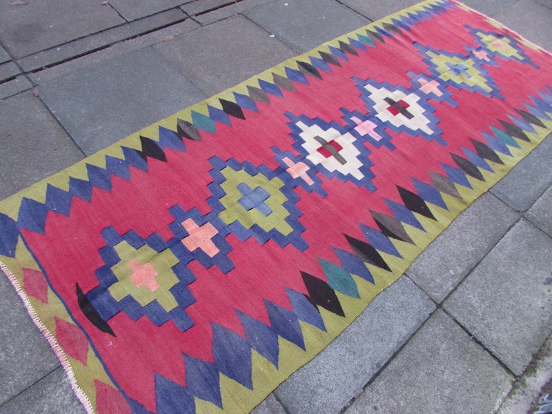 Vintage Traditional Hand Made Oriental Wool Green Red Long Kilim 291x113cm gallery