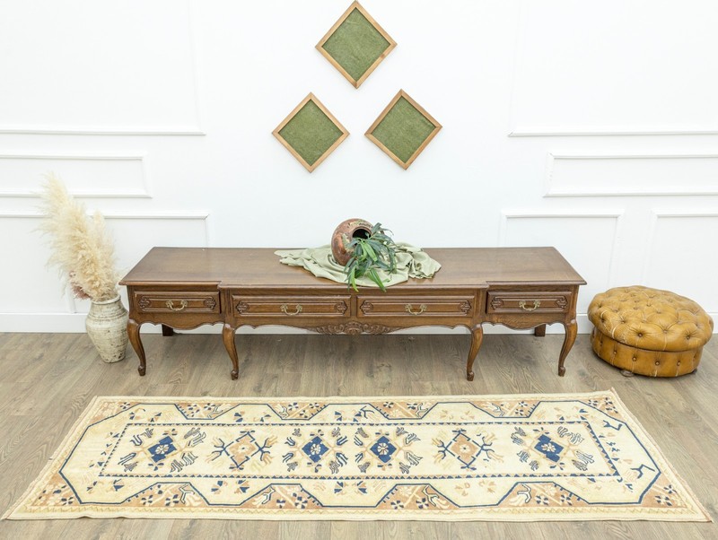 Hand-Knotted Turkish Oushak Runner 2.9x8.5 ft – Ivory Blue – Quiet Luxury Rug gallery