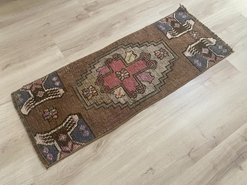 Brown Turkish Runner Rug Handmade Vintage Wool Hallway Rug 1.3x3.5 Ft gallery