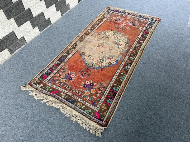 Vintage Turkish Medallion Rug 3x6.7 ft Handwoven Anatolian Wool 1970s Farmhouse gallery