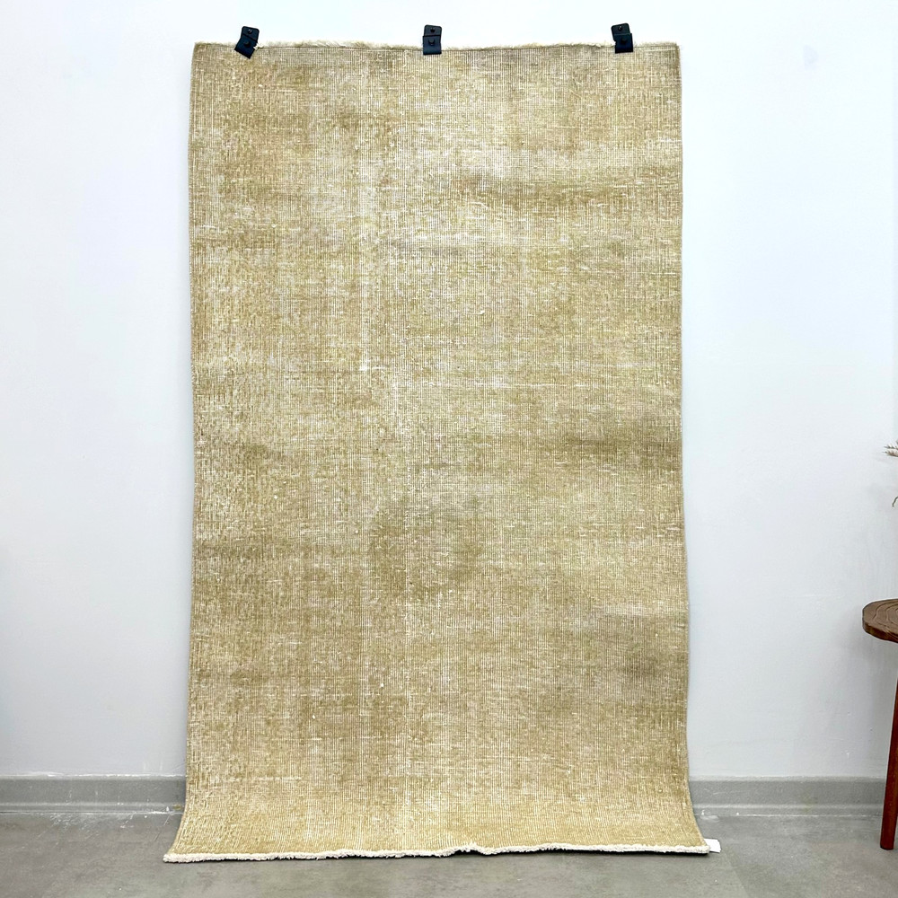 4x6 Vintage Turkish Rug, Solid Beige, Handmade Wool Area Rug, Geometric Carpet