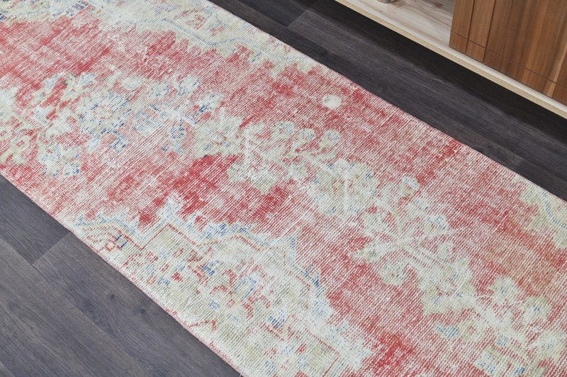 Vintage Turkish Runner Rug 2x7ft RED Handmade Anatolian Oushak Hallway Wool gallery