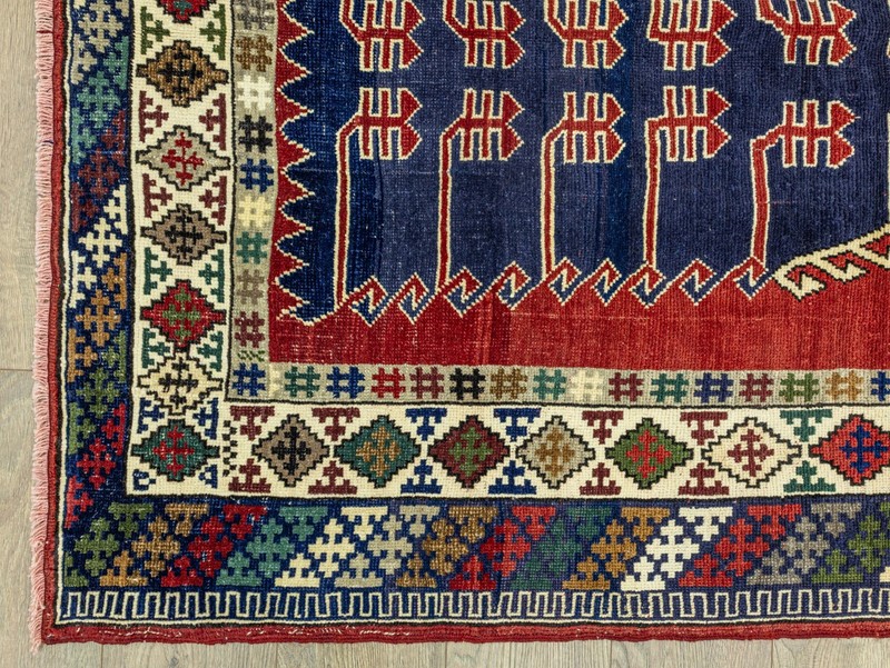 Vintage Turkish Anatolian Hand-Knotted Wool Prayer Rug Red Navy 4'3" x 5'11" ft gallery