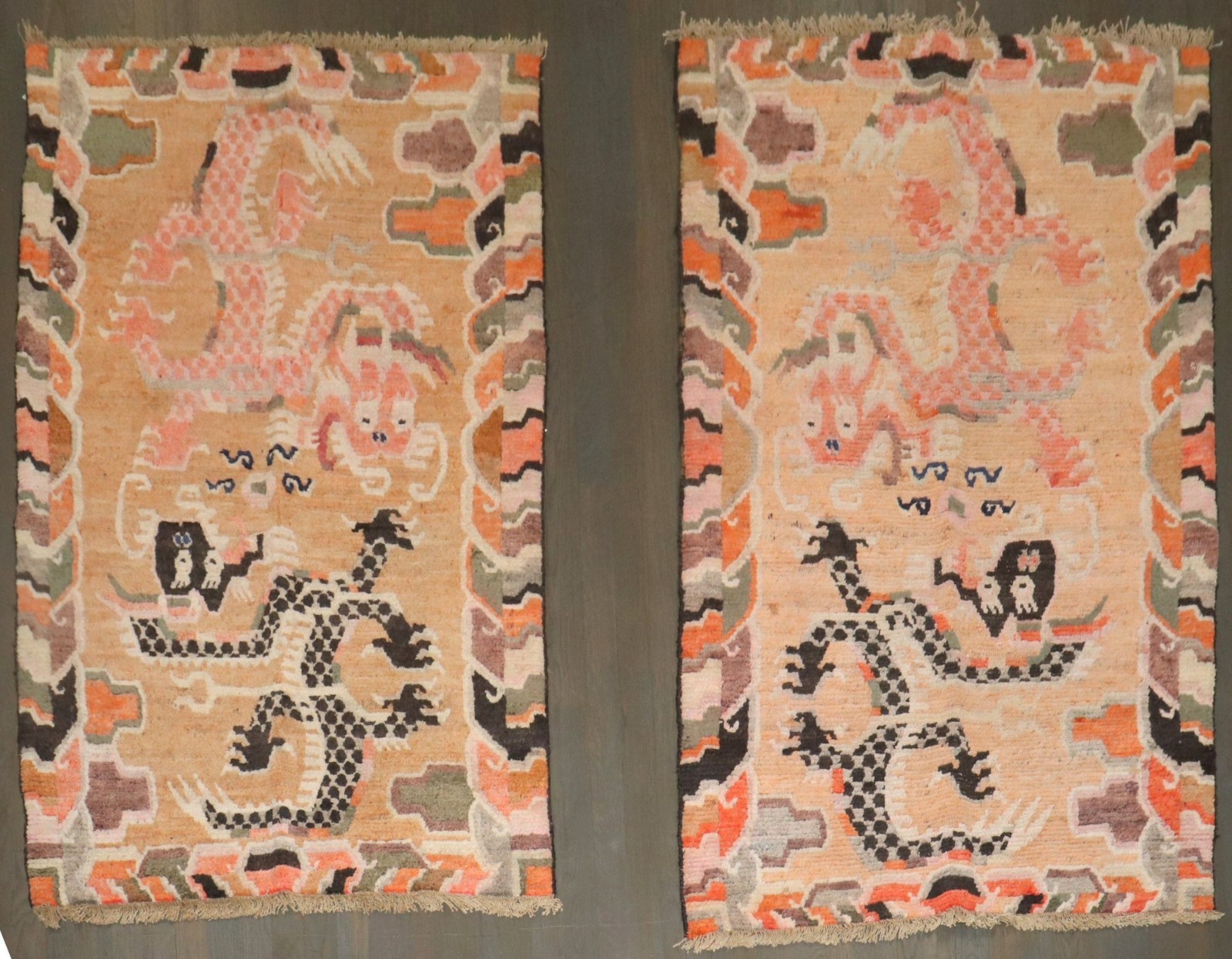 Pair of Antique Tibetan Dragon Rugs Size 3'2''x5' gallery