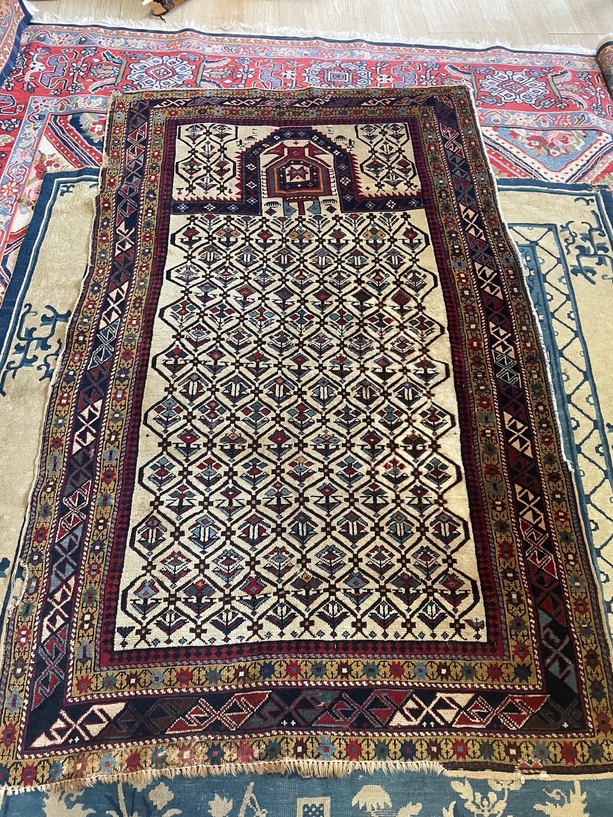 Antique Caucasian Dagestan Rug 1890 Hand Knotted Tribal Prayer 4x6 wool gallery