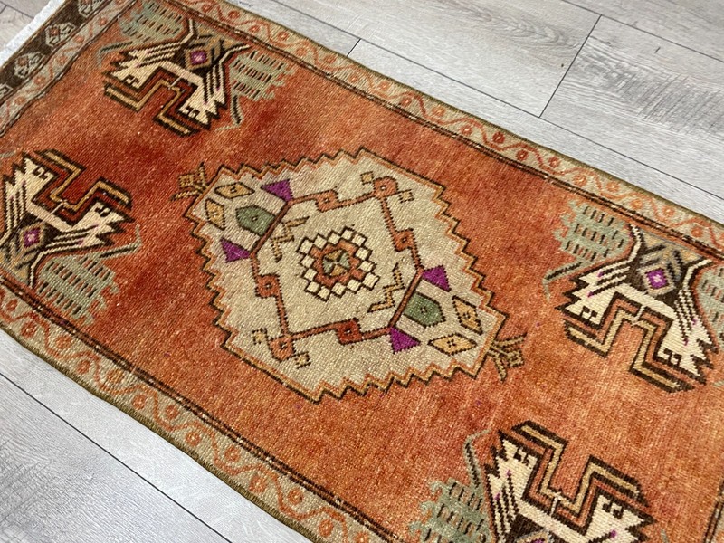 Turkish Tribal Wool Rug Handmade 1.6x3.3 ft Vintage Terracotta Geometric Small gallery
