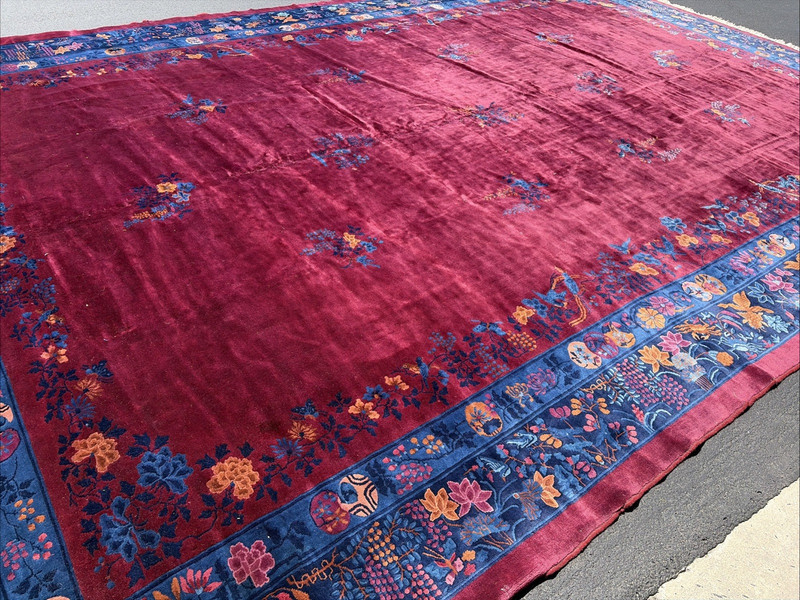 Auth: 1920 Antique Art Deco Chinese Rug Mandarin Beauty Purple 12.6x18.6 gallery