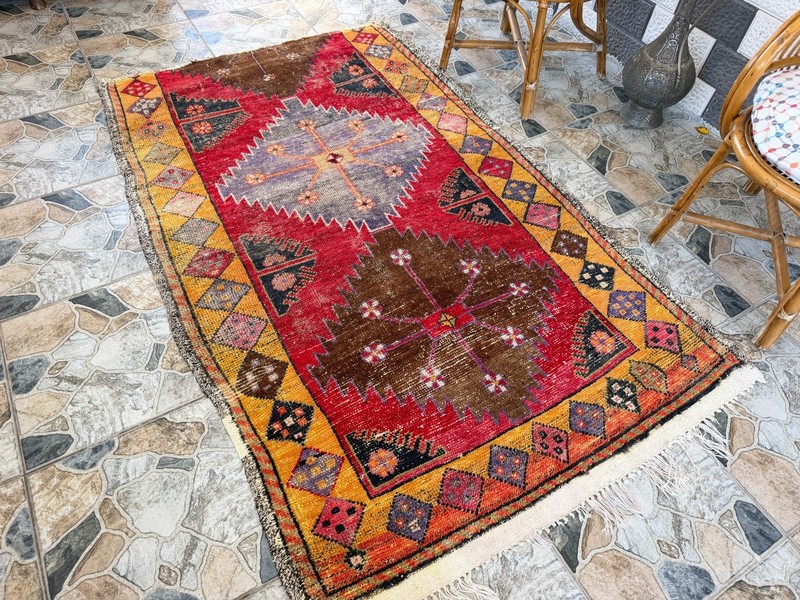 1970s Geometric Turkish Vintage Rug, Tribal Handmade Anatolian Wool Area Rug 4x7 gallery