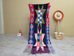 Moroccan Handmade Vintage Runner Rug 3’1×8′ Berber Blue & Green Cotton Rug