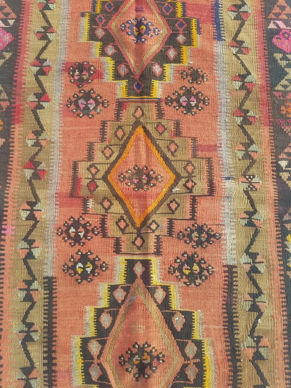 Distressed Vintage Traditional Handmade Anatolian Wool Black Kilim 4.8x2.11ft gallery