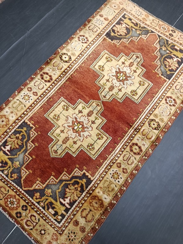 Vintage Turkish Red Beige Rug, 3.7x6.7ft, Antique Geometric Oriental Accent Rug, gallery