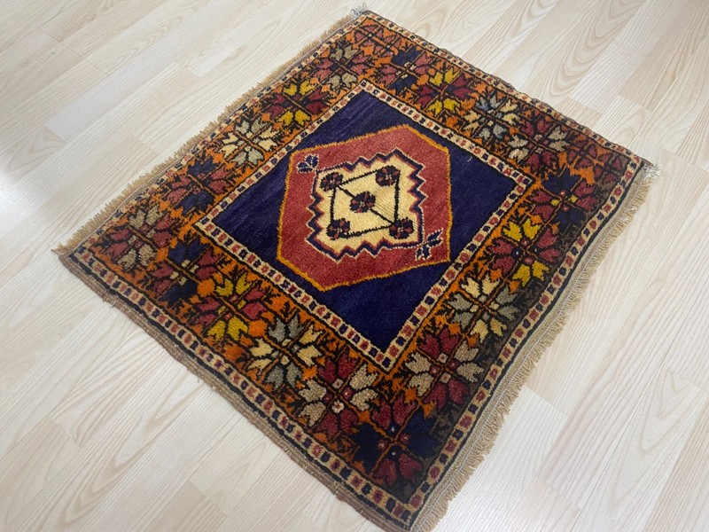 Vintage Handwoven Turkish Square Rug 1.9 x 2.3 ft Wool Floral Anatolian Carpet gallery