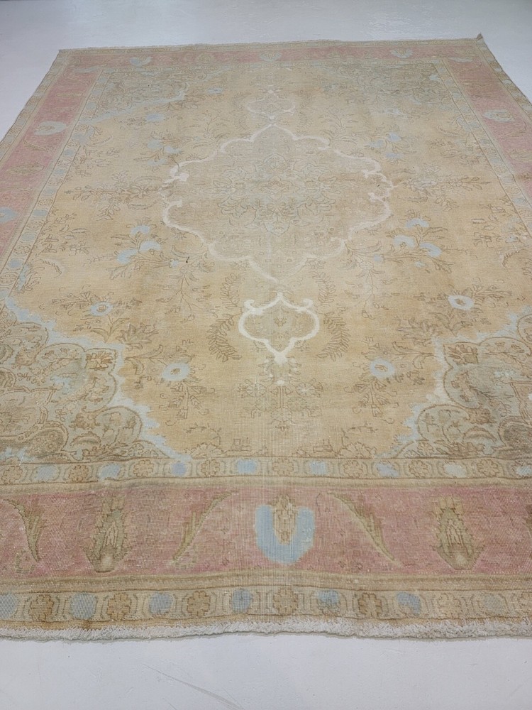 Antique Oriental Hand-Knotted Wool Area Rug Distressed Beige/Blue 9'9" x 12'7"