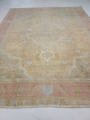 Antique Oriental Hand-Knotted Wool Area Rug Distressed Beige/Blue 9’9″ x 12’7″
