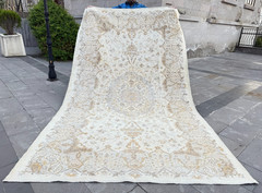 Vintage Oushak Rug 6.3×10.5 ft Large Neutral Beige Gold Muted Turkish Medallion