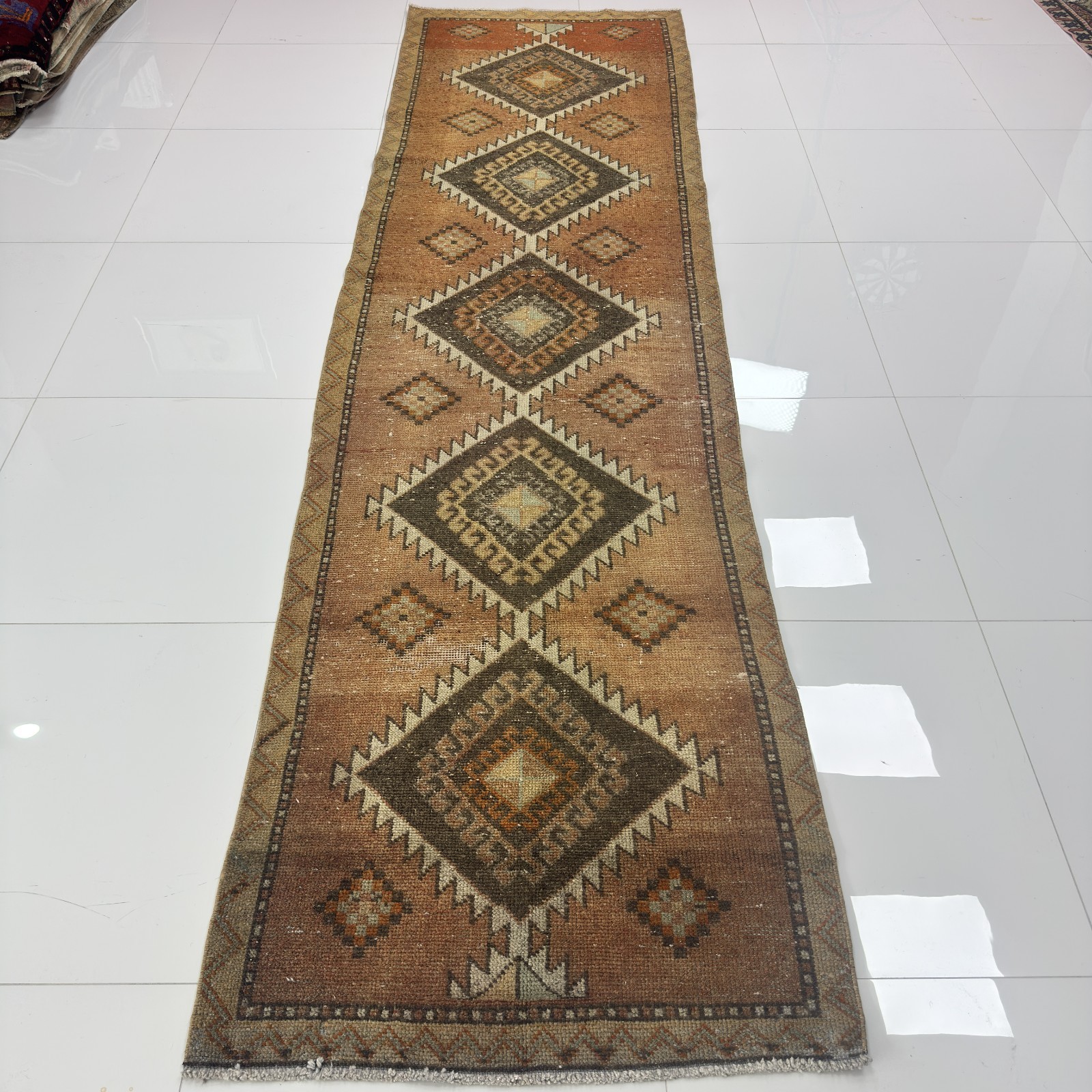 3x11 Terracotta Cream Antique Wool Runner With Dark Brown Motifs- Tariff Free gallery