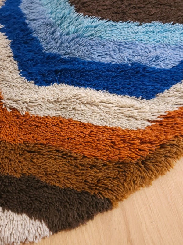 DESSO Allegro shag round Rug dralon wool blue brown vintage Mid Century 60s 70s gallery