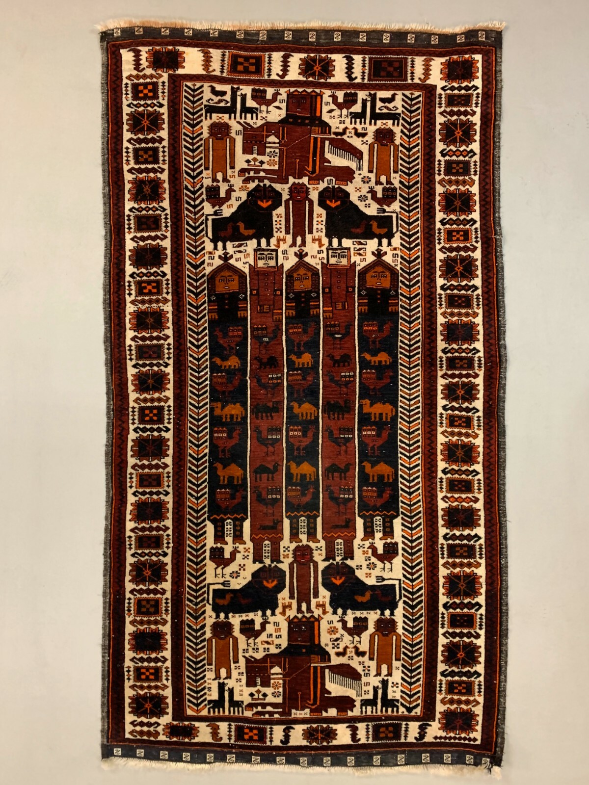 Vintage Tribal Lion Rug 204x110 cm, Old Tribal Wool Carpet, Black, Red Cream gallery